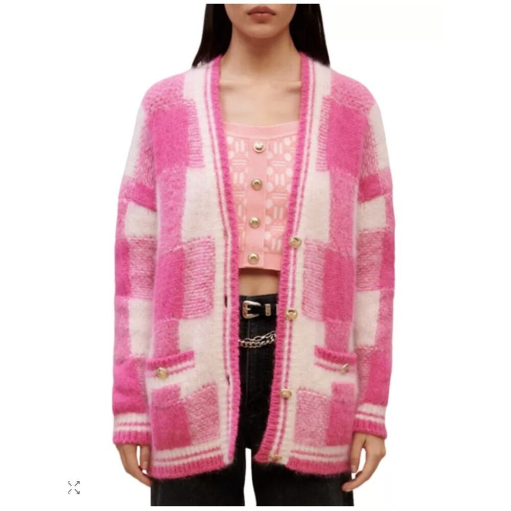 Maje Pink White Checkered Jacquard Mohair Blend S Preppy 535